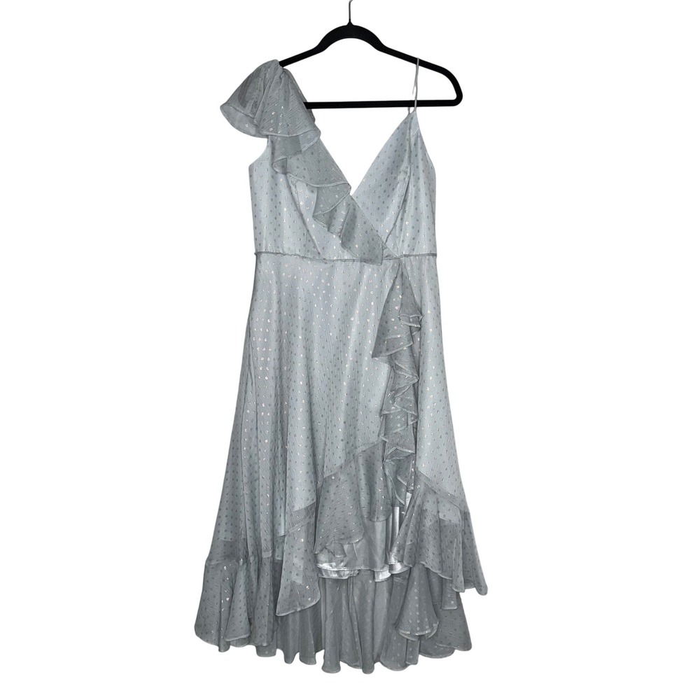Mac Duggal Ruffle High Low Gown Womens 12 Blue Gold Polka Dot Excellent Dress